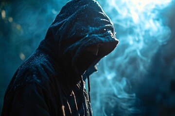 A man wearing a hooded jacket and a mask - obrazy, fototapety, plakaty