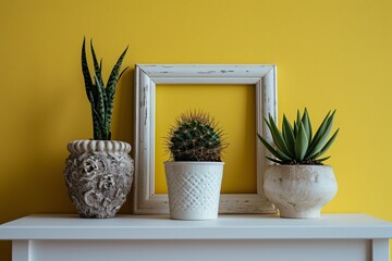 A collection of cacti and potted plants on a yellow wall.