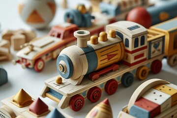 Wooden toy train with various cars and tracks.