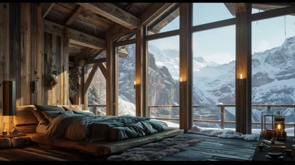 Foto auf Leinwand Mountain Chalet Bedroom: Rustic Interior Design with Modern Wooden Decor © AIGen