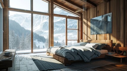 Obraz na płótnie Canvas Rustic Chalet Bedroom: Modern Interior Design with Mountain View