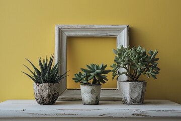 A group of three potted plants on a shelf.