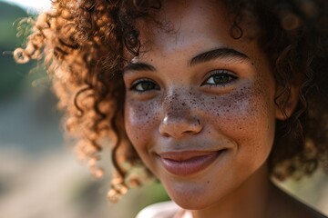A smiling woman with freckles and curly hair