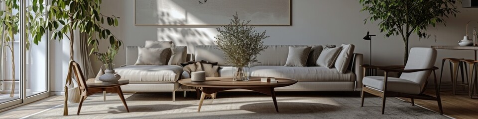 Scandinavian Living Room Panorama: Contemporary Interior Design with Cosy Furniture and Natural Light