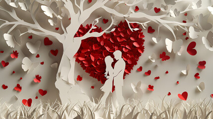 Paper art illustration of a young couple in love, tree with red heart in background. Postcard, texture, wallpaper, Valentine's Day