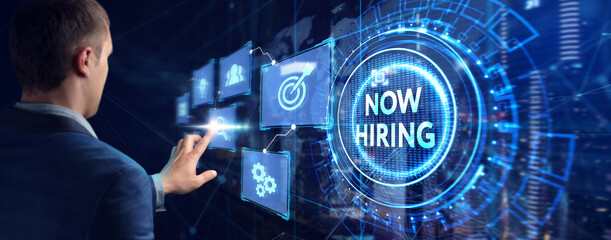 Business, Technology, Internet and network concept. NOW HIRING inscription, modern technology...