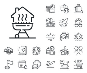 Barbecue cooker for cooking food sign. Plane jet, travel map and baggage claim outline icons. Home grill line icon. Meat brazier symbol. Home grill line sign. Car rental, taxi transport icon. Vector