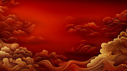rich red background with gold oriental cloud patterns, flowing waves, and elegant swirls, creating a luxurious and traditional Asian decorative design