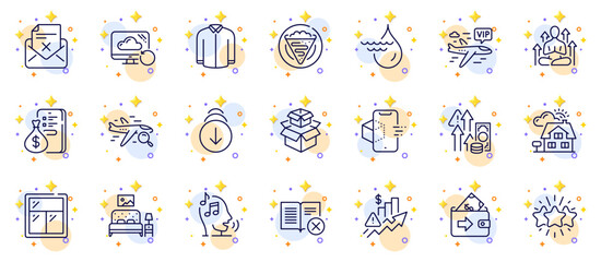 Outline set of Money, Realtor and Search flight line icons for web app. Include Inflation, Hydroelectricity, Shirt pictogram icons. Recovery cloud, Rise price, Reject book signs. Star. Vector