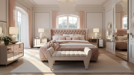 A sophisticated bedroom with blush pink accents, a tufted bed, mirrored nightstands, and a luxurious vanity area with soft, flattering lighting.