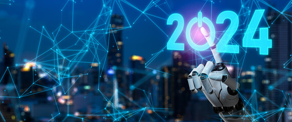 New trends in 2024 and technology Ai concept.Initiative innovation and technology.technology and Digital transformation in business and industry.AI robot and human hand on city background.3D rendering