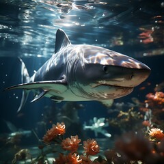 petal predator: a white shark's serene journey through a floral aquatic realm