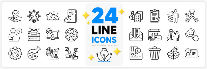 Icons set of Employee, Loyalty card and Creative idea line icons pack for app with Credit card, Online question, Online voting thin outline icon. Money calendar, Approved checklist. Vector