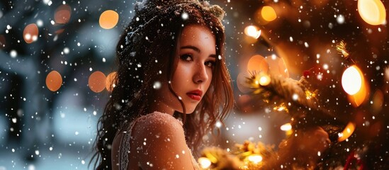 Christmas concept with a editable background featuring a beautiful young woman.