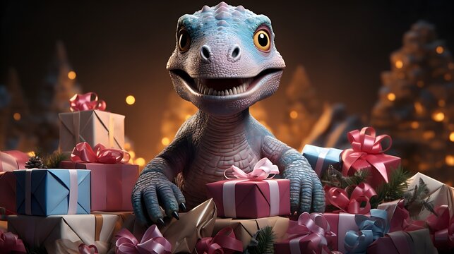 baby dinosaur surrounded by beautiful gifts
