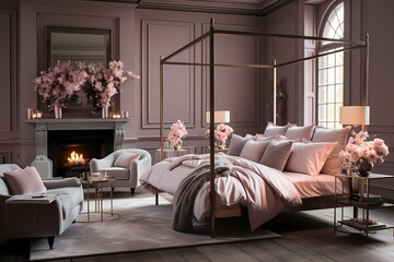 A sophisticated bedroom with dusty pink walls, highlighting a luxurious four-poster bed. Plush velvet throw pillows add a touch of elegance to the space.