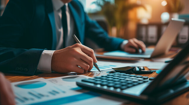 Idea of tax deduction planning. Tax reduction is prepared by businessmen who calculate their business balance.