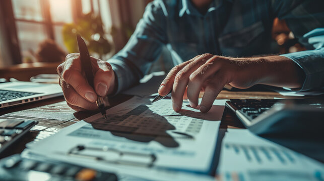 Idea of tax deduction planning. Tax reduction is prepared by businessmen who calculate their business balance.