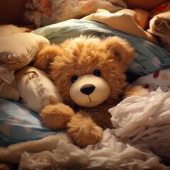 An adorable teddy bear peeking out from behind a pile of soft pillows, creating a cozy and inviting scene.
