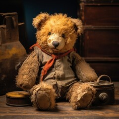 An antique-style teddy bear with a weathered appearance, evoking a sense of nostalgia and timeless charm.