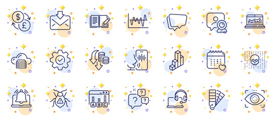 Fototapeta na wymiar Outline set of Execute, Cyber attack and Voicemail line icons for web app. Include Web analytics, Speech bubble, Incoming mail pictogram icons. Deflation, Question bubbles, Reminder signs. Vector
