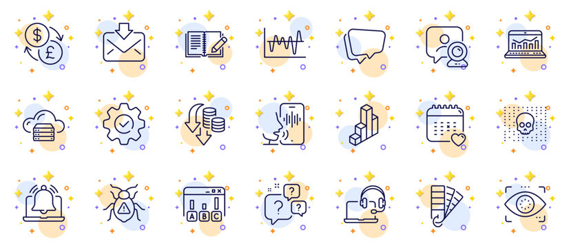 Outline set of Execute, Cyber attack and Voicemail line icons for web app. Include Web analytics, Speech bubble, Incoming mail pictogram icons. Deflation, Question bubbles, Reminder signs. Vector