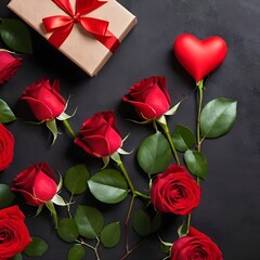  bouquet of fresh roses and red hearts Gift box