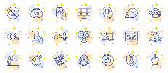 Outline set of Payment method, User notification and Vr line icons for web app. Include Cyber attack, Electric app, Teamwork business pictogram icons. Middle finger, Security agency. Vector