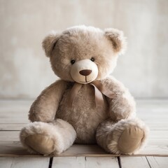 A classic teddy bear with jointed limbs, showcasing its timeless appeal in a simple and elegant setting.