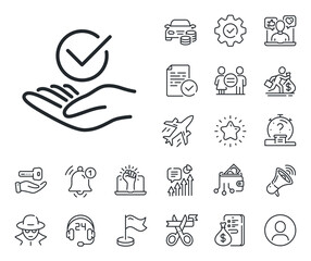 Accepted or confirmed sign. Salaryman, gender equality and alert bell outline icons. Approved line icon. Verified symbol. Approved line sign. Spy or profile placeholder icon. Vector