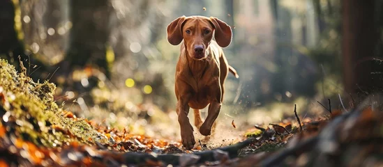Poster Gorgeous vizsla dog races in the woods. © AkuAku