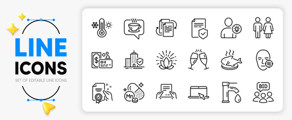 Portable computer, Problem skin and Card line icons set for app include Apartment insurance, Lotus, Bureaucracy outline thin icon. Restroom, Champagne glasses, Receive file pictogram icon. Vector