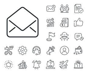 Message correspondence sign. Salaryman, gender equality and alert bell outline icons. Mail line icon. E-mail symbol. Mail line sign. Spy or profile placeholder icon. Online support, strike. Vector