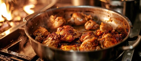 Chicken parts cooked in stainless steel pot on gas stove.