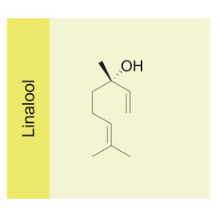 Linalool skeletal structure diagram.Monoterpenoid compound molecule scientific illustration on yellow background.