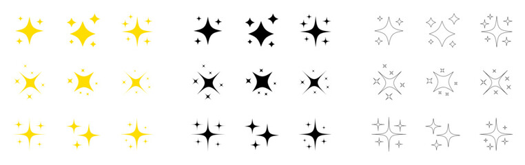 Sparkle collection in different styles. Twinkling stars collection. Vector illustration isolated on white.