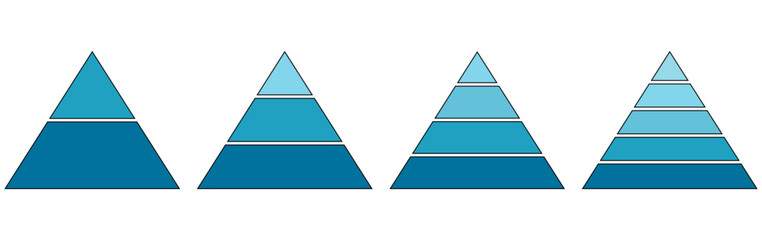Blue pyramid infographic templates collection. Triangle hierarchy data segments set. Vector illustration isolated on white.