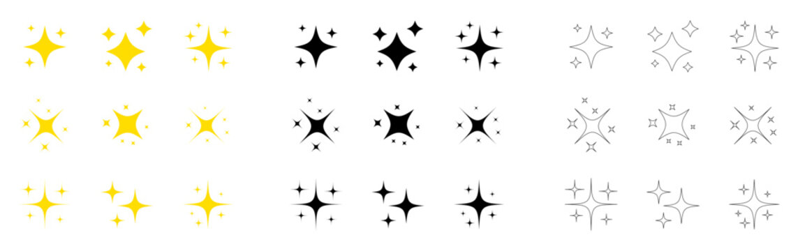 Sparkle collection in different styles. Twinkling stars collection. Vector illustration isolated on white.