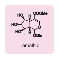 Lamalbid skeletal structure diagram.Monoterpenoid compound molecule scientific illustration on pink background.