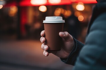 Hand Holding a Disposable Coffee Cup on City Street