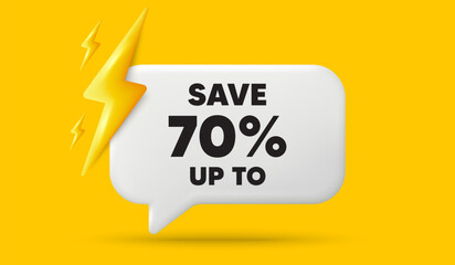 Save up to 70 percent tag. 3d speech bubble banner with power energy. Discount Sale offer price sign. Special offer symbol. Discount chat speech message. 3d offer talk box. Vector - obrazy, fototapety, plakaty