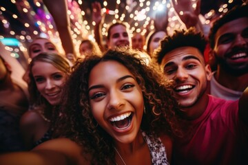 Happy young people taking selfie under festive lights - obrazy, fototapety, plakaty