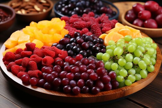 Vibrant Fruit Medley. Freshly Arranged Plate Bursting with Colorful and Juicy Slices