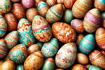 Fototapeta na wymiar Full background of colorful, pastel, hand painted Easter eggs