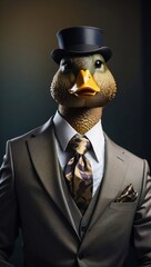 Duck in a Luxurious Colorful Professional Suit. Animal posing with a charismatic human attitude. Fun Concept in a Simple Plain Background. Creative Marketing and Branding Concept.