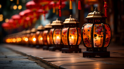 traditional Chinese lanterns lit up in a row on the ground, glowing warmly against a blurred background, creating a festive, welcoming atmosphere - obrazy, fototapety, plakaty