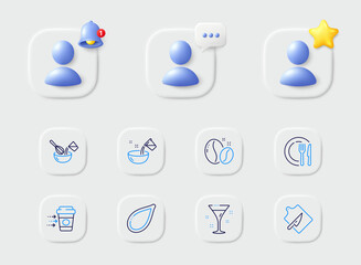 Dish, Cutting board and Cooking water line icons. Placeholder with 3d star, reminder bell, chat. Pack of Pumpkin seed, Cocktail, Coffee beans icon. Cooking whisk, Coffee delivery pictogram. Vector