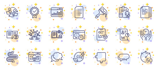 Fototapeta na wymiar Outline set of Timer, Teamwork and Report line icons for web app. Include Co2 gas, Document, Certificate pictogram icons. Report checklist, Engineering documentation, Teamwork process signs. Vector