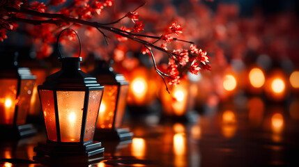 row of glowing lanterns sits on the ground, lighting up the night. Red blossoms hang overhead, adding a touch of color to the scene