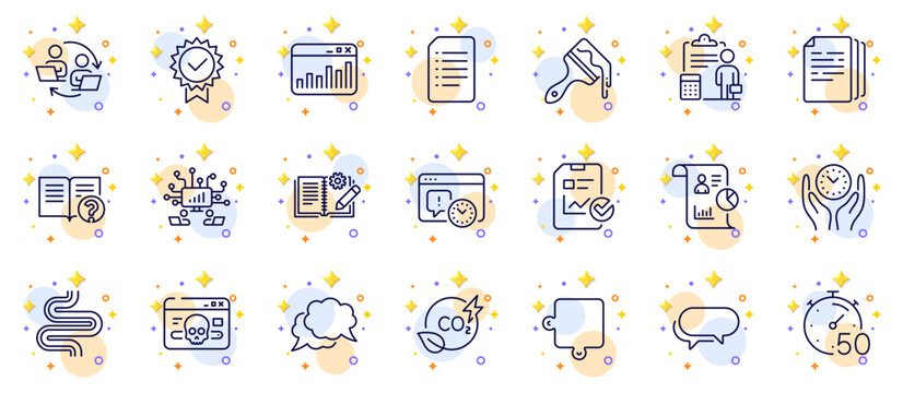Outline set of Timer, Teamwork and Report line icons for web app. Include Co2 gas, Document, Certificate pictogram icons. Report checklist, Engineering documentation, Teamwork process signs. Vector